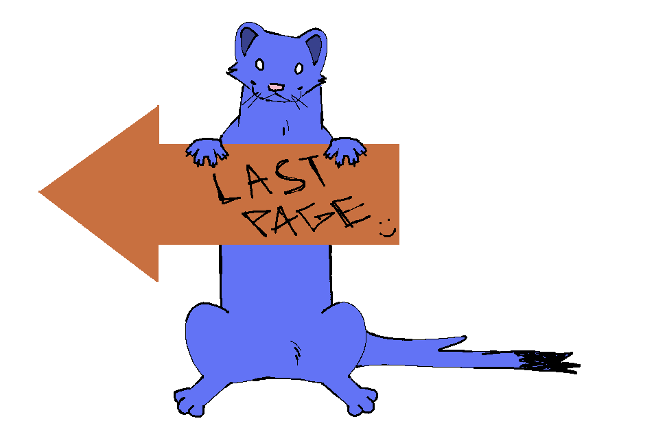 a blue weasel holding an orange arrow with LAST PAGE written on it